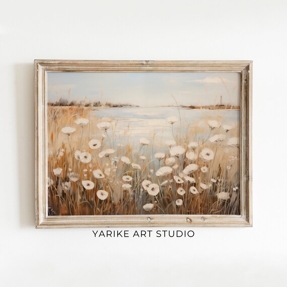White Cosmos Flowers Lake Reeds Summer Lakeside Vintage Art Poster