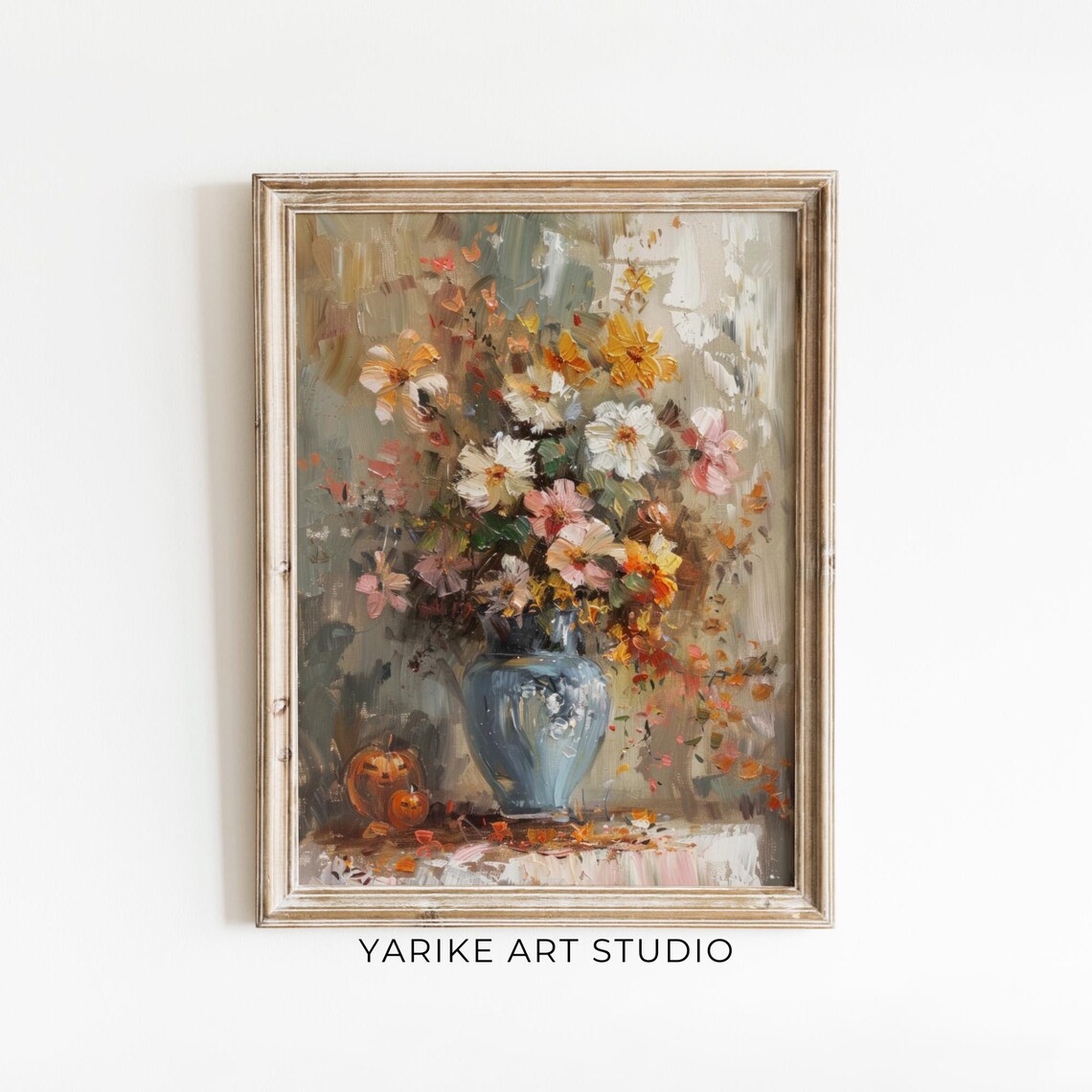Vintage Autumn Still Life Bouquet In Blue Vase With Pumpkins Poster