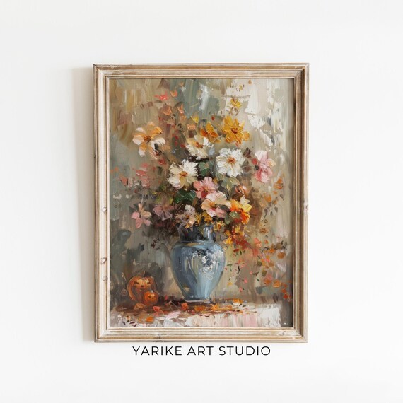 Vintage Autumn Still Life Bouquet In Blue Vase With Pumpkins Poster