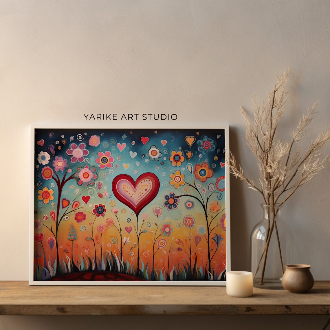 Whimsical Heart And Flowers Folk Dreamy Garden Valentine Poster