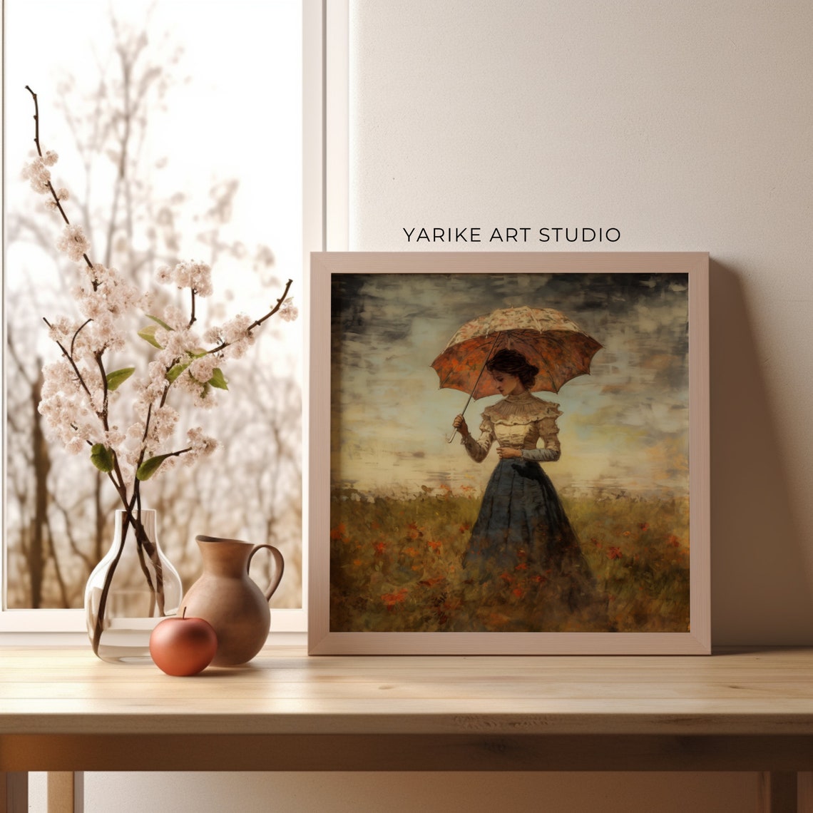Antique Woman With Umbrella Painting Moody Woman Portrait Landscape Art Print Feminism Wall Art Yarike 217 Ai - Image 3