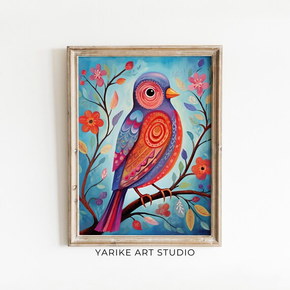 Colorful Folk Art Songbird On Spring Blossom Branch Vintage Poster