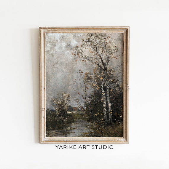 Moody Nature Farmhouse Oil Painting Vintage Birch Trees Countryside Landscape Art Yarike Art Studio 105