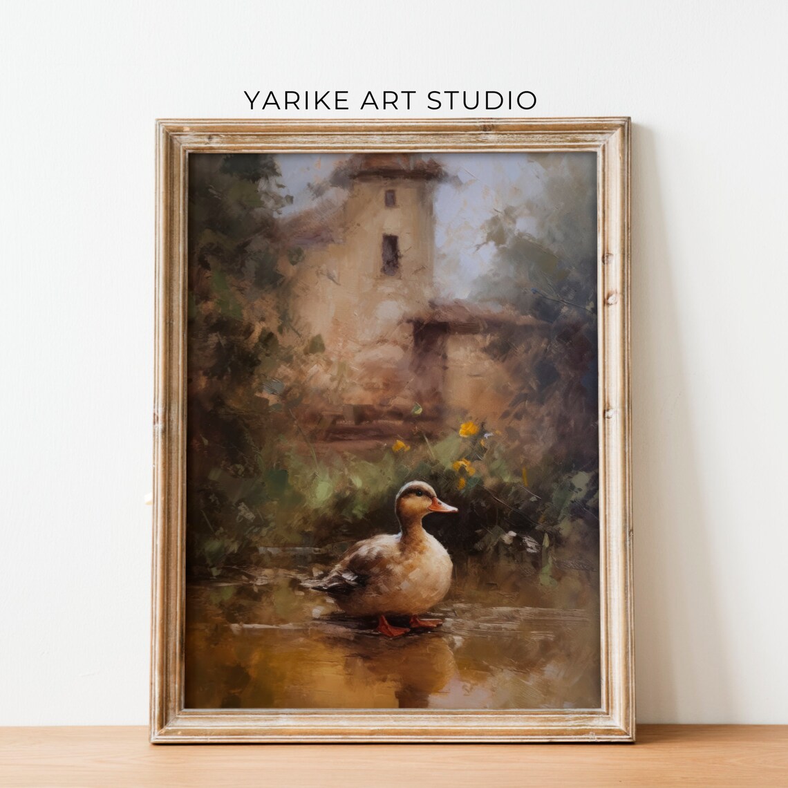 Vintage Duck Swimming with Old Stone Tower House Painting Poster - Image 2