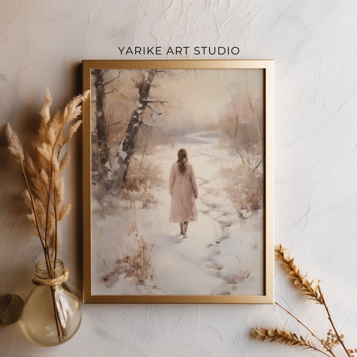 Woman Walking Snowy Winter Forest Path Soft Watercolor Poster - Image 4