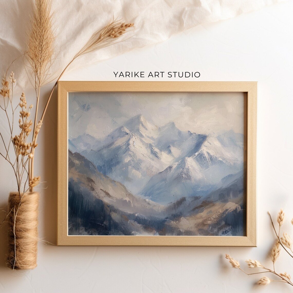 Snowy Mountain Peaks Blue Gray Alpine Summit Oil Painting Poster - Image 5