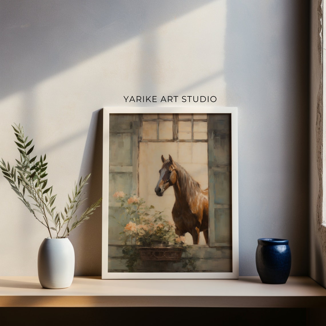 Chestnut Horse At Vintage Stable Window With Flower Box Print - Image 3