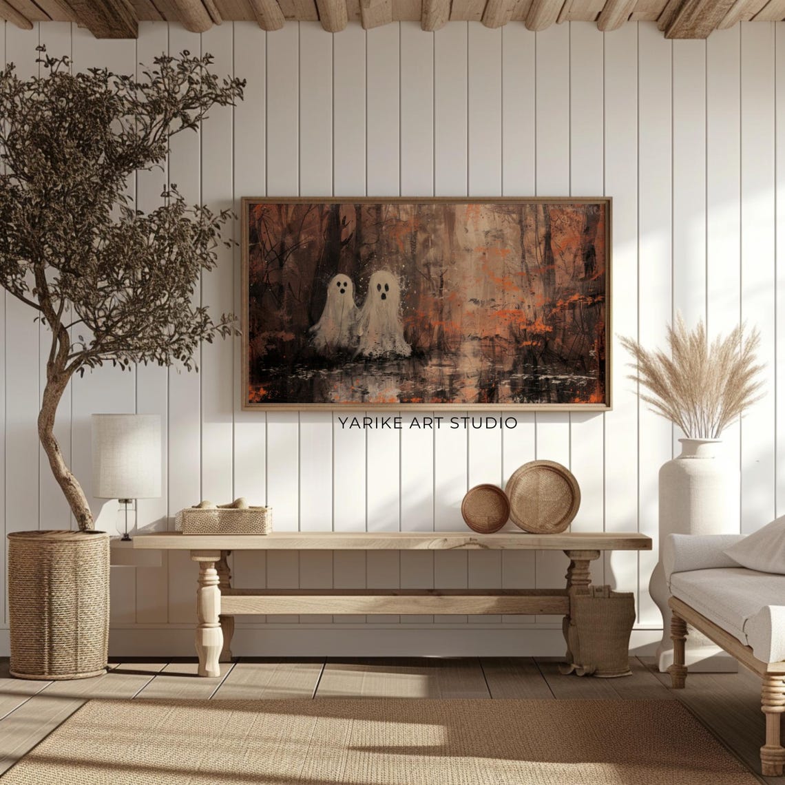 Two Cute White Ghosts Autumn Forest Lake Reflection Art Poster - Image 2
