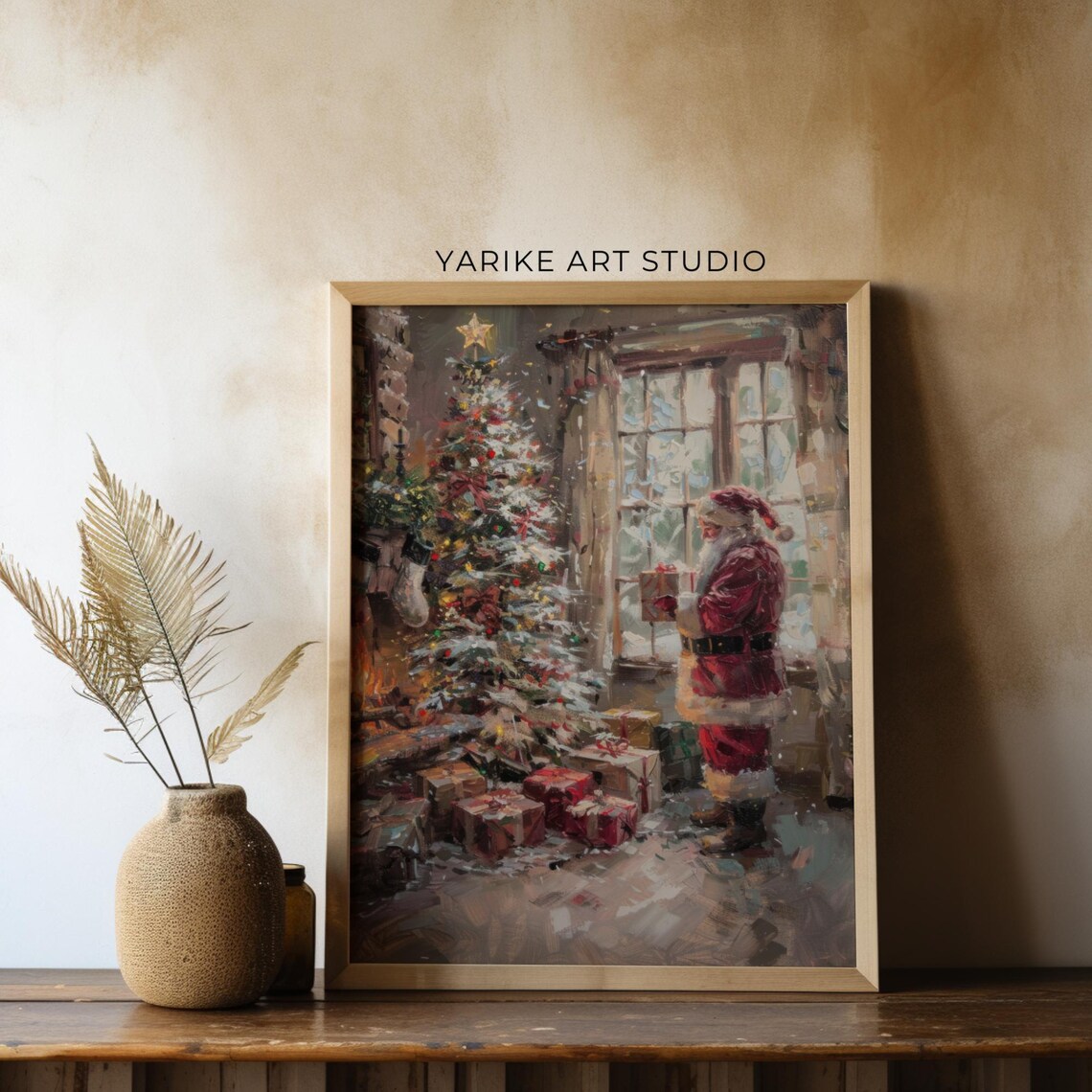 Santa Placing Gifts Under Christmas Tree Cozy Holiday Poster