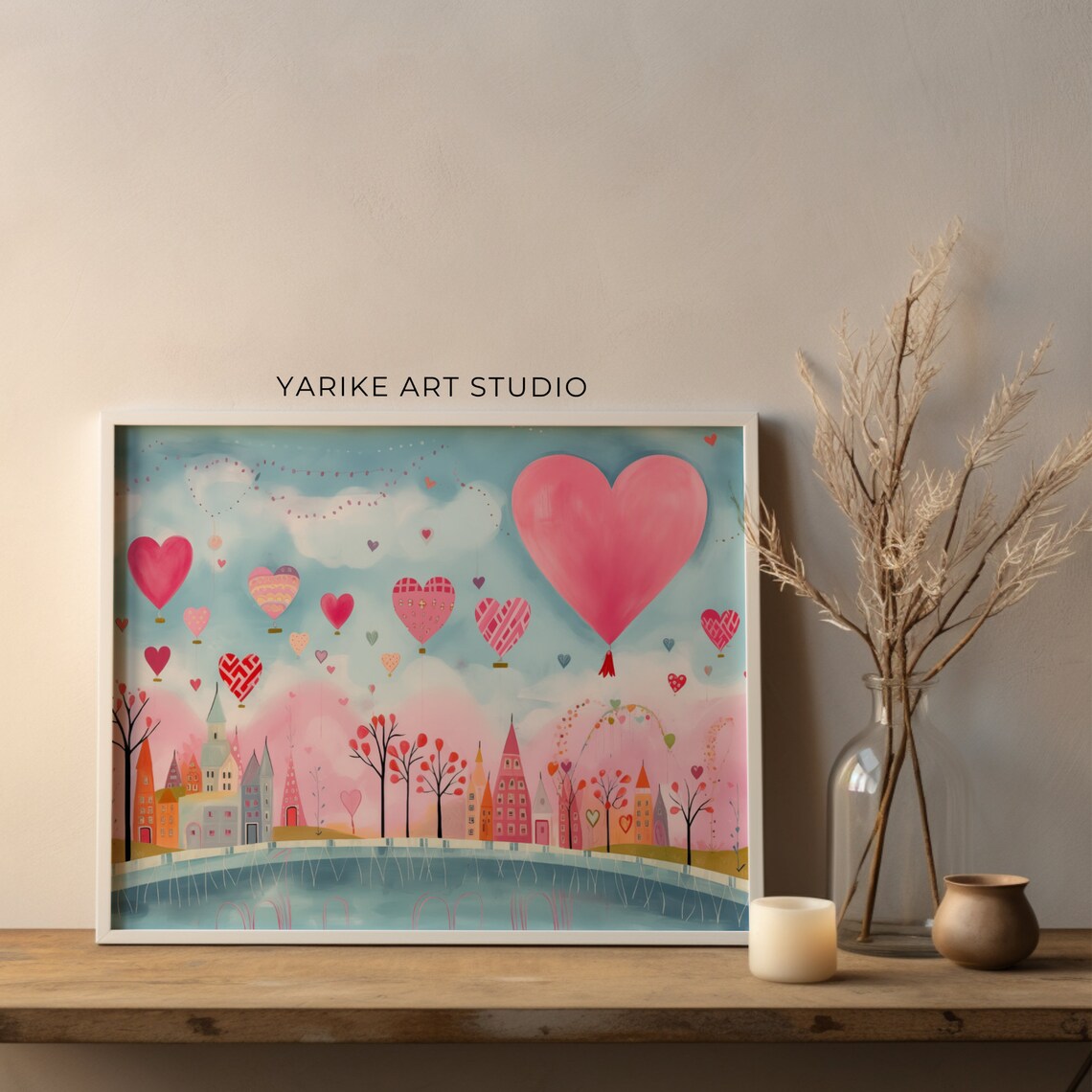 Pastel City With Heart Hot Air Balloons Valentine Folk Poster - Image 2