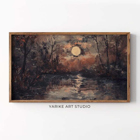 Vintage Night Moon Painting Frame Tv Art Dark Moody Landscape Tv Art Frame Living Room Tv Art 230
