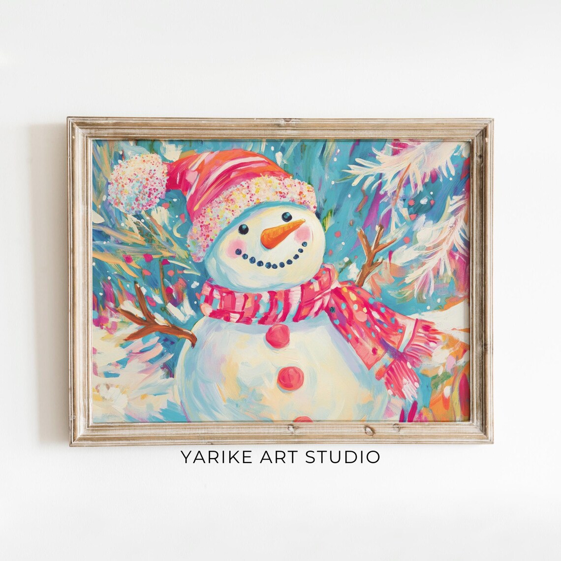 Snowman with Red Striped Hat Pink Scarf Winter Holiday Poster