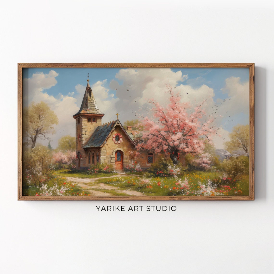 Stone Chapel Beside Pink Cherry Blossom Tree Spring Blossom Poster