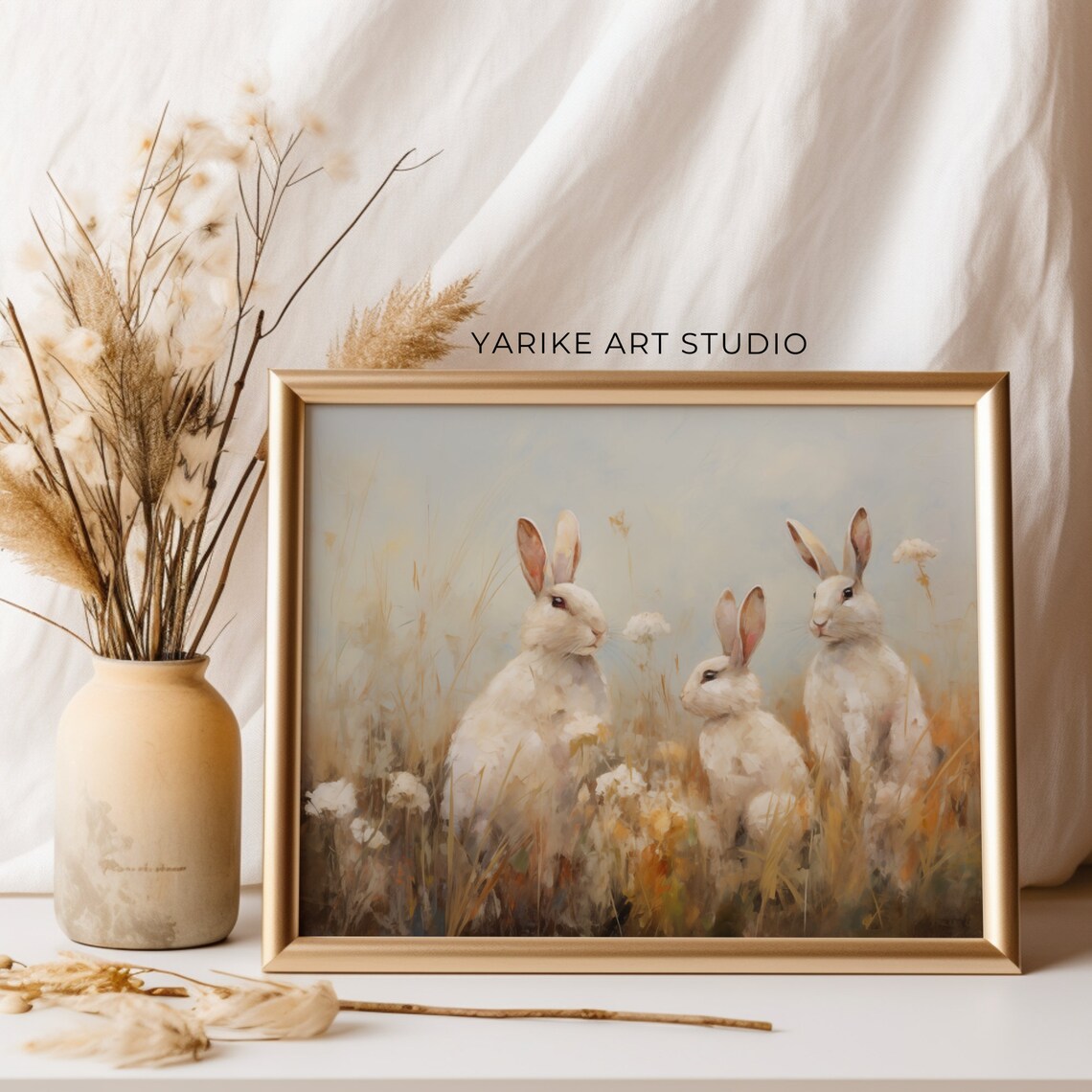 Three White Rabbits in Golden Meadow Vintage Rabbit Art Poster - Image 2