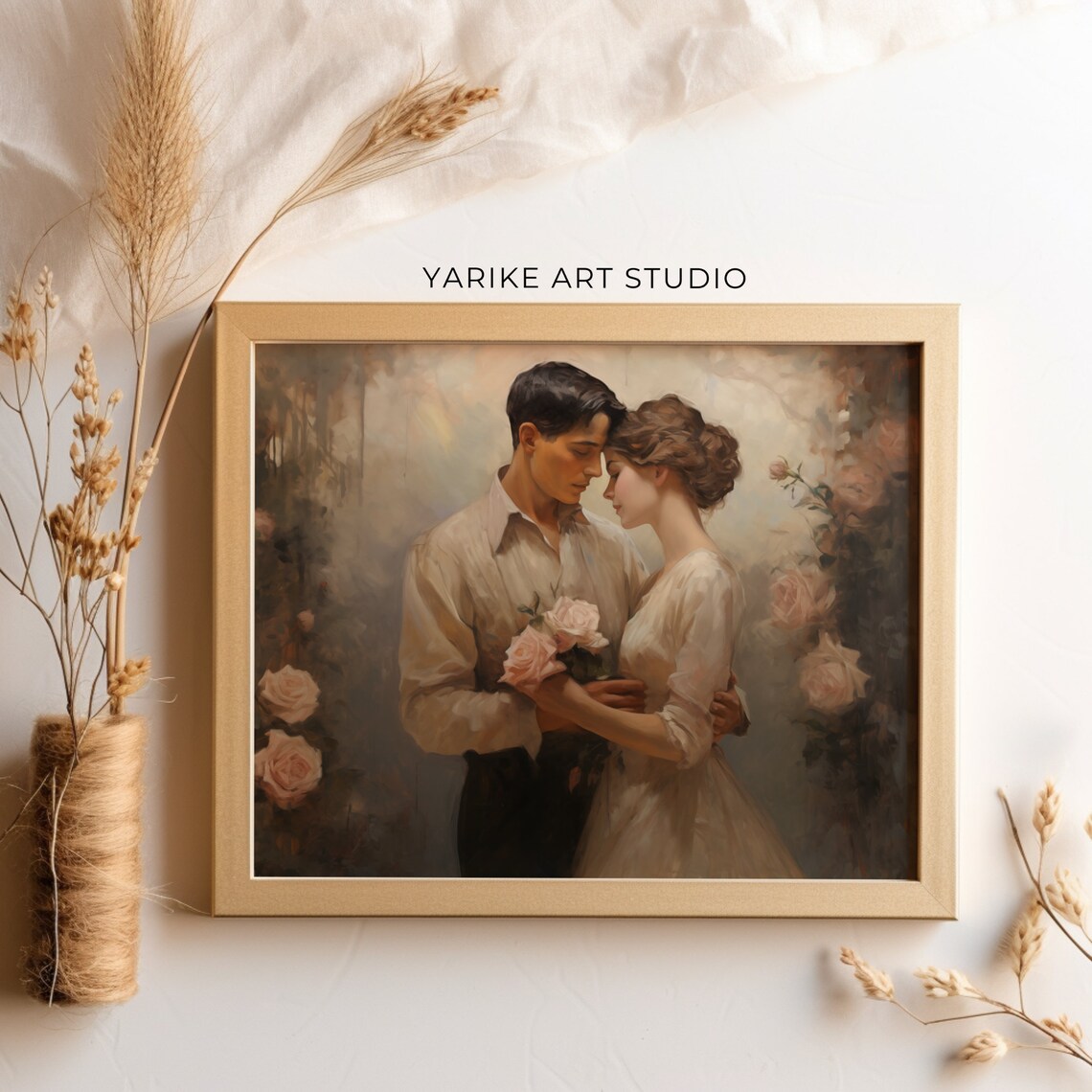 Romantic Couple Embrace with Roses Vintage Love Painting Poster - Image 4