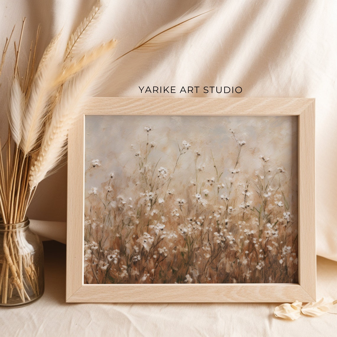 Soft Beige Wildflower Field Neutral Rustic Meadow Landscape Poster - Image 2