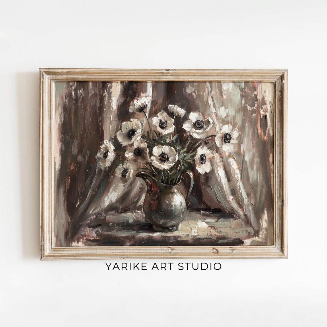 White Anemones In Silver Pitcher Moody Vintage Still Life Poster