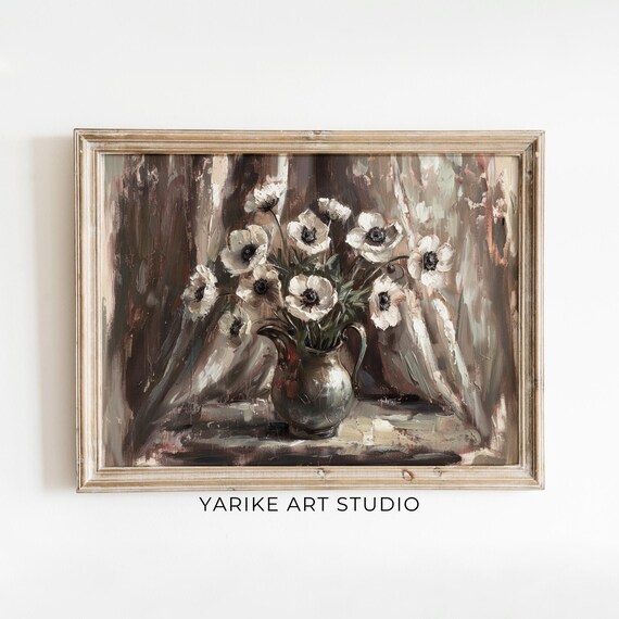 Moody Still Life Painting Vintage White Flowers Bouquet Wall Art Classic Floral Farmhouse Print Botanical Kitchen Home Decor 796