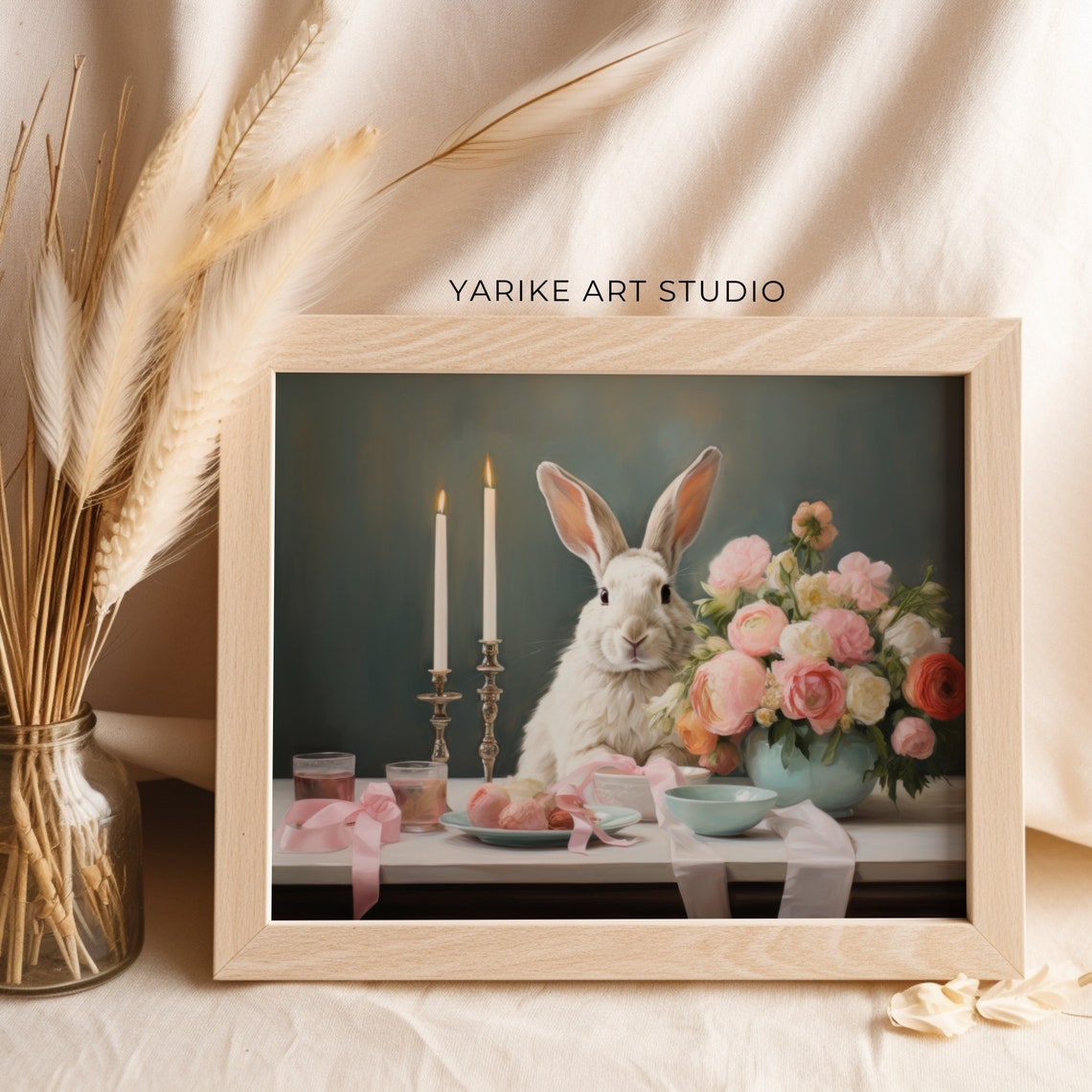 White Rabbit Easter Table Oil Painting Bunny Flowers Still Life Poster - Image 2