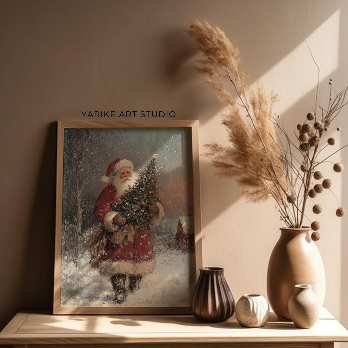 Vintage Santa Claus Carrying Christmas Tree in Snowfall Poster - Image 4