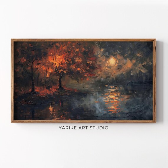 Vintage Autumn Night Painting Frame Tv Art Moody Country Landscape Tv Art Frame Living Room Tv Art 228