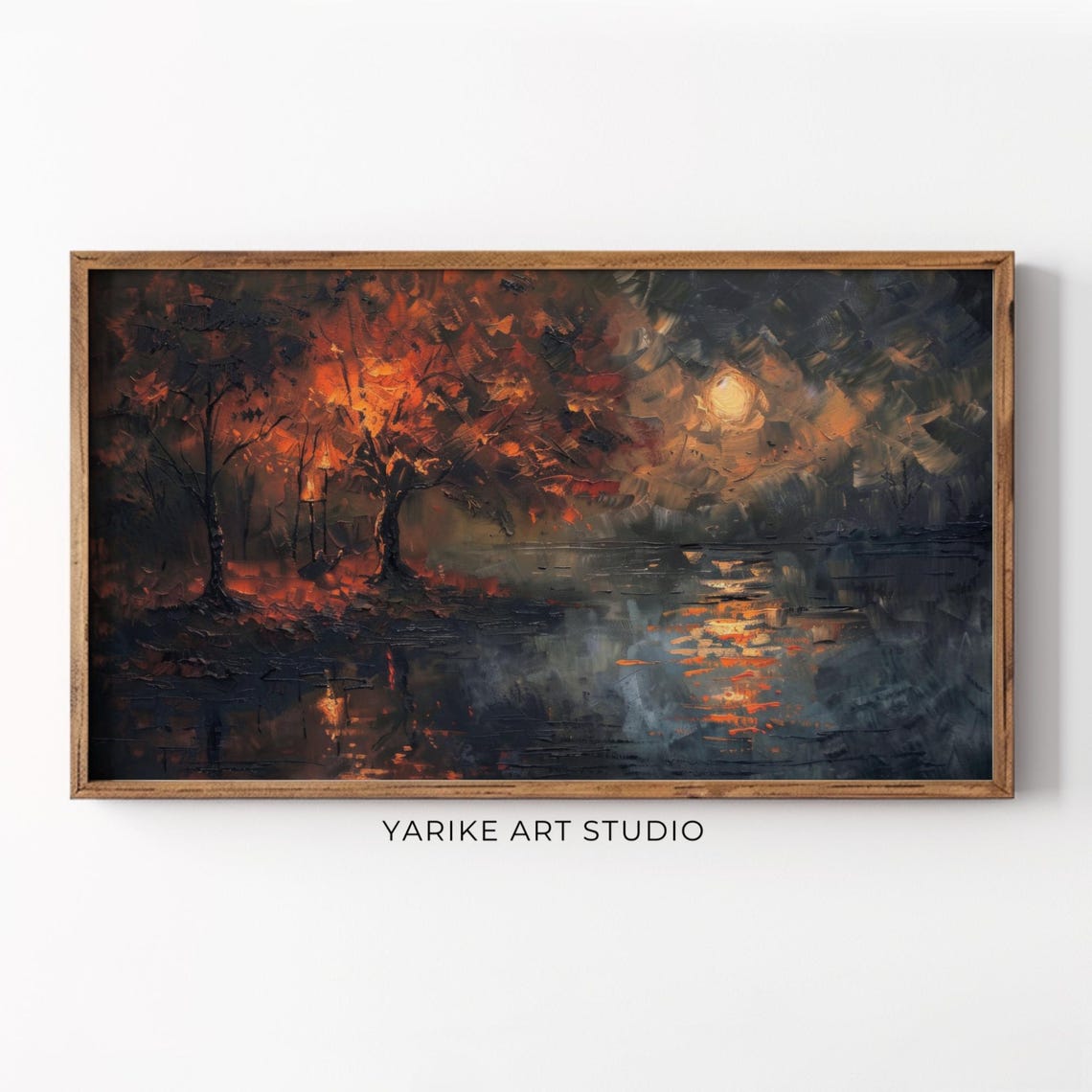 Fiery Autumn Tree by Moonlit Water Night Reflections Art Poster