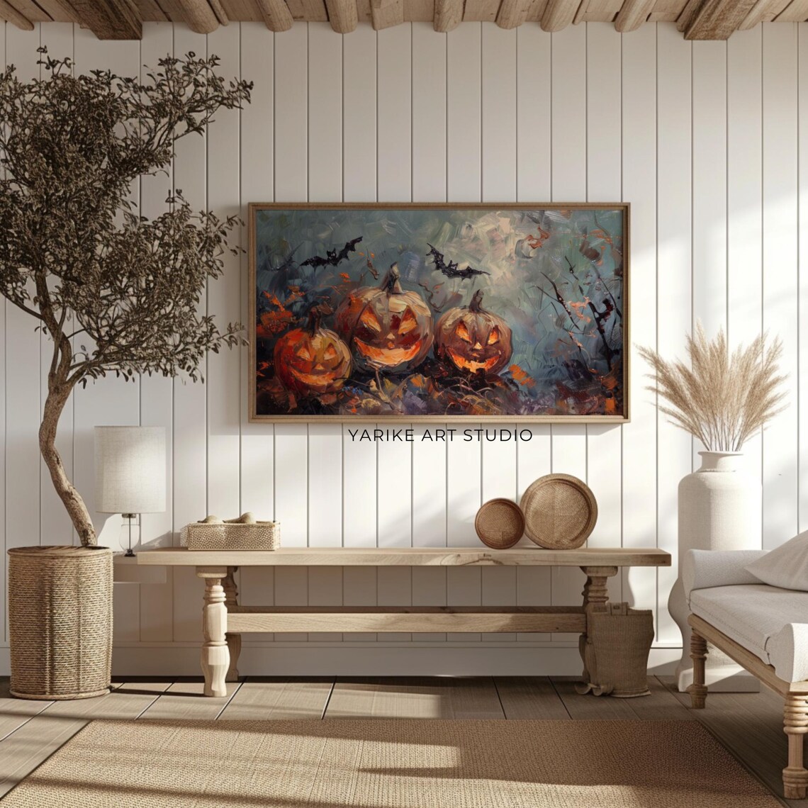 Glowing Jack O Lanterns Halloween Night Bats Oil Painting Poster - Image 2
