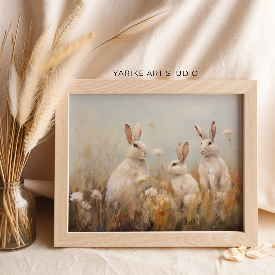 Three White Rabbits in Golden Meadow Vintage Rabbit Art Poster - Image 4