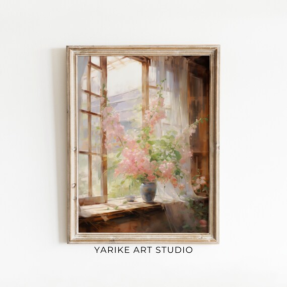 Soft Pink Blossoms In Vase On Sunlit Cottage Windowsill Print