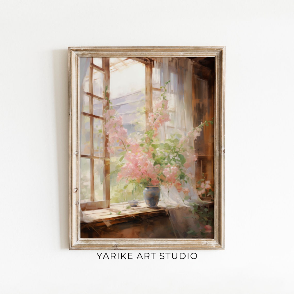 Soft Pink Blossoms In Vase On Sunlit Cottage Windowsill Print