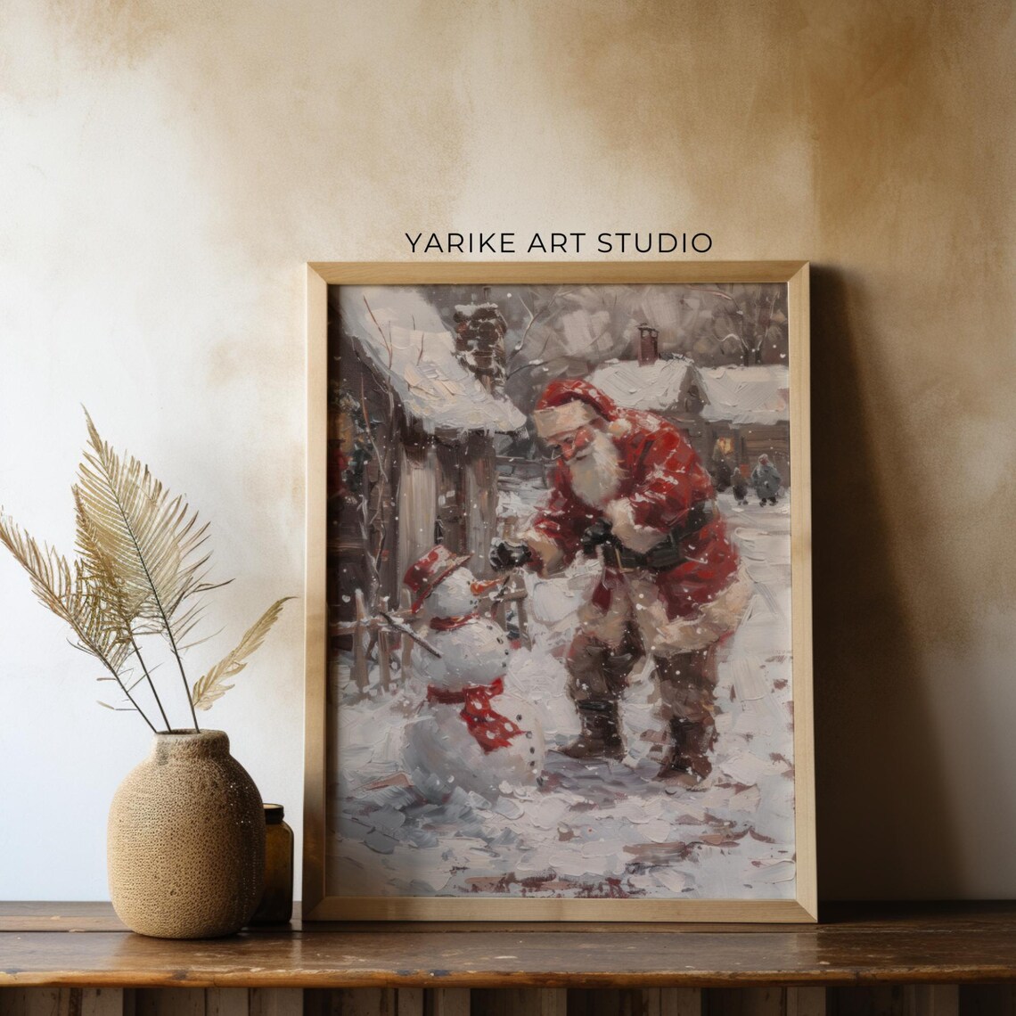 Vintage Santa Claus Building A Snowman Outside Cottage Poster - Image 2