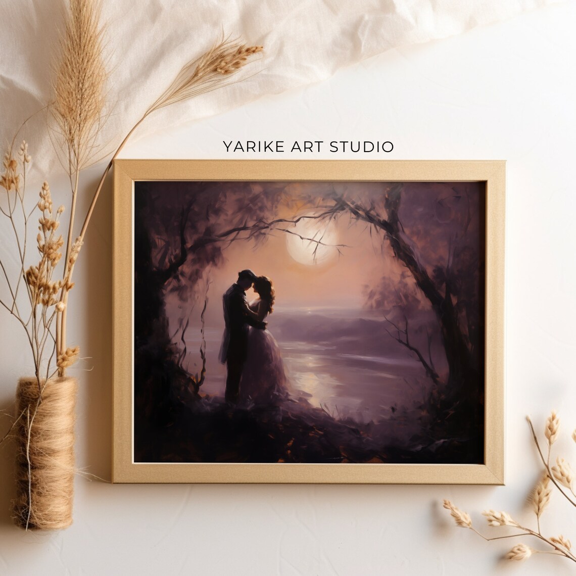 Moonlit Lovers Embrace by the Water Dark Romantic Painting Poster - Image 3