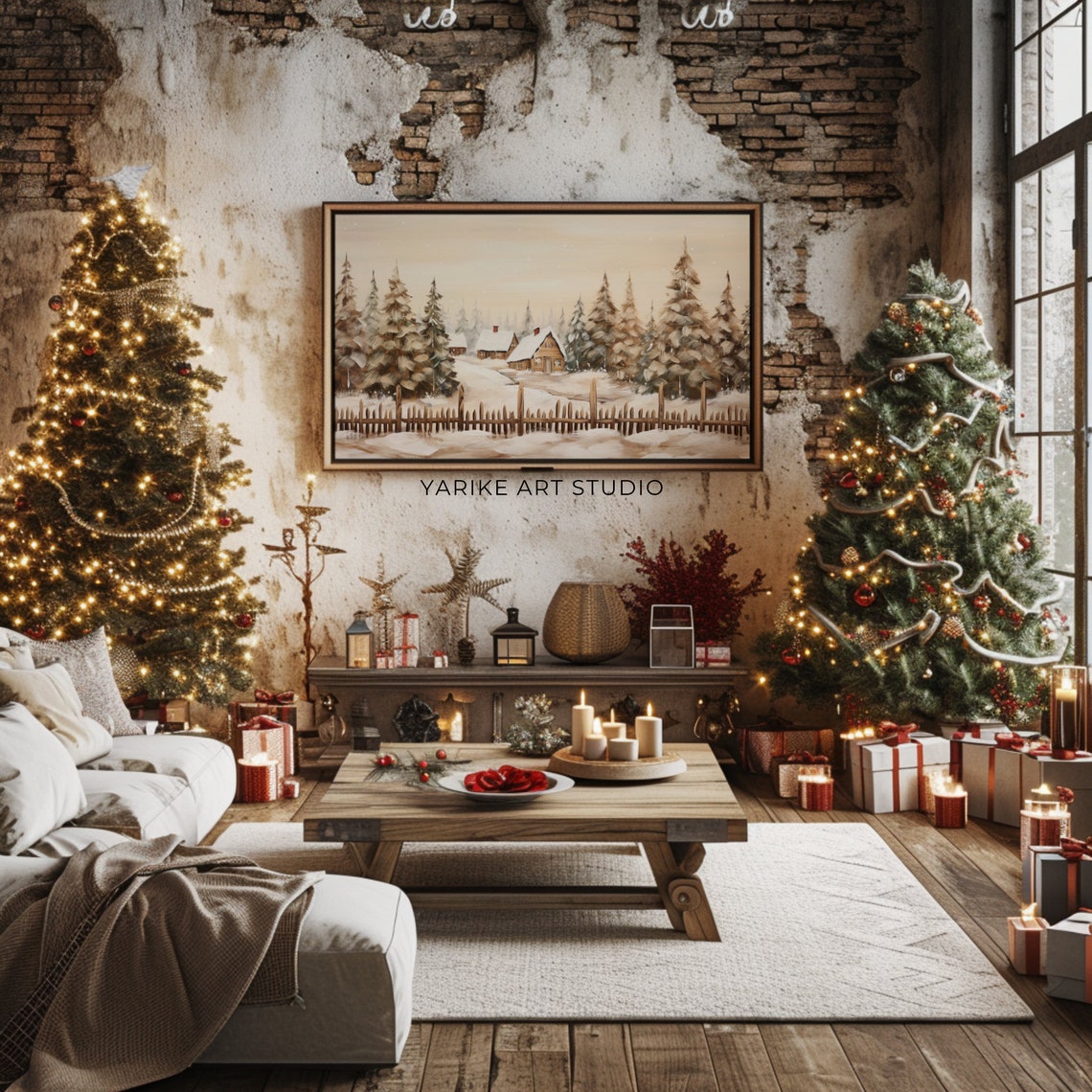 Rustic Winter Village Frame Tv Art Farmhouse Christmas Painting For Tv The Frame Tv Art Festive Tv Art Holiday Home Decor 3 Tv - Image 2