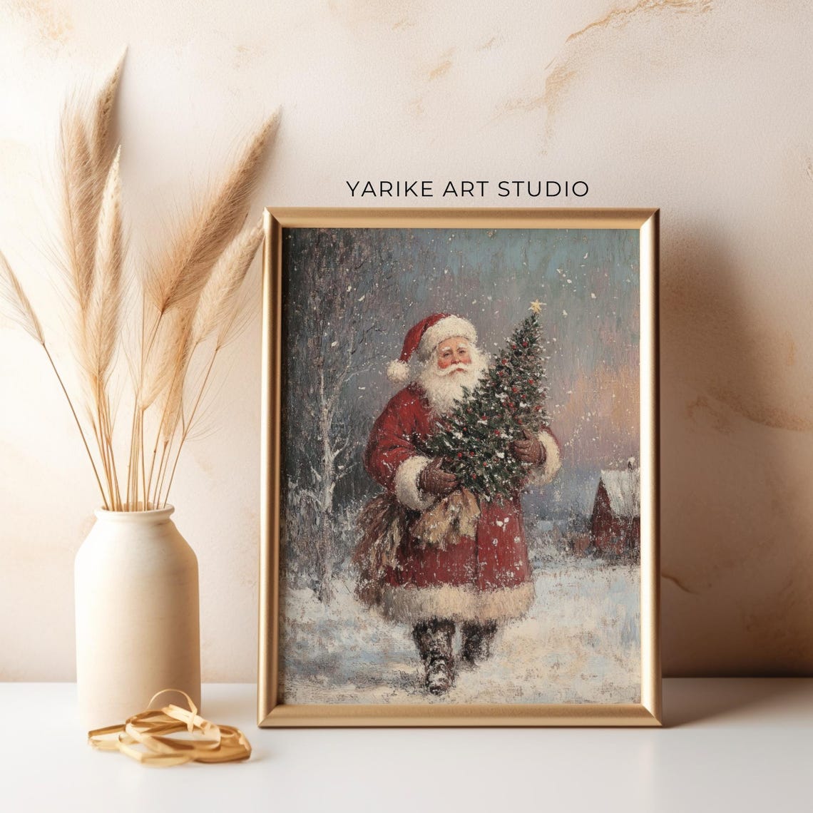 Vintage Santa Claus Carrying Christmas Tree in Snowfall Poster - Image 5