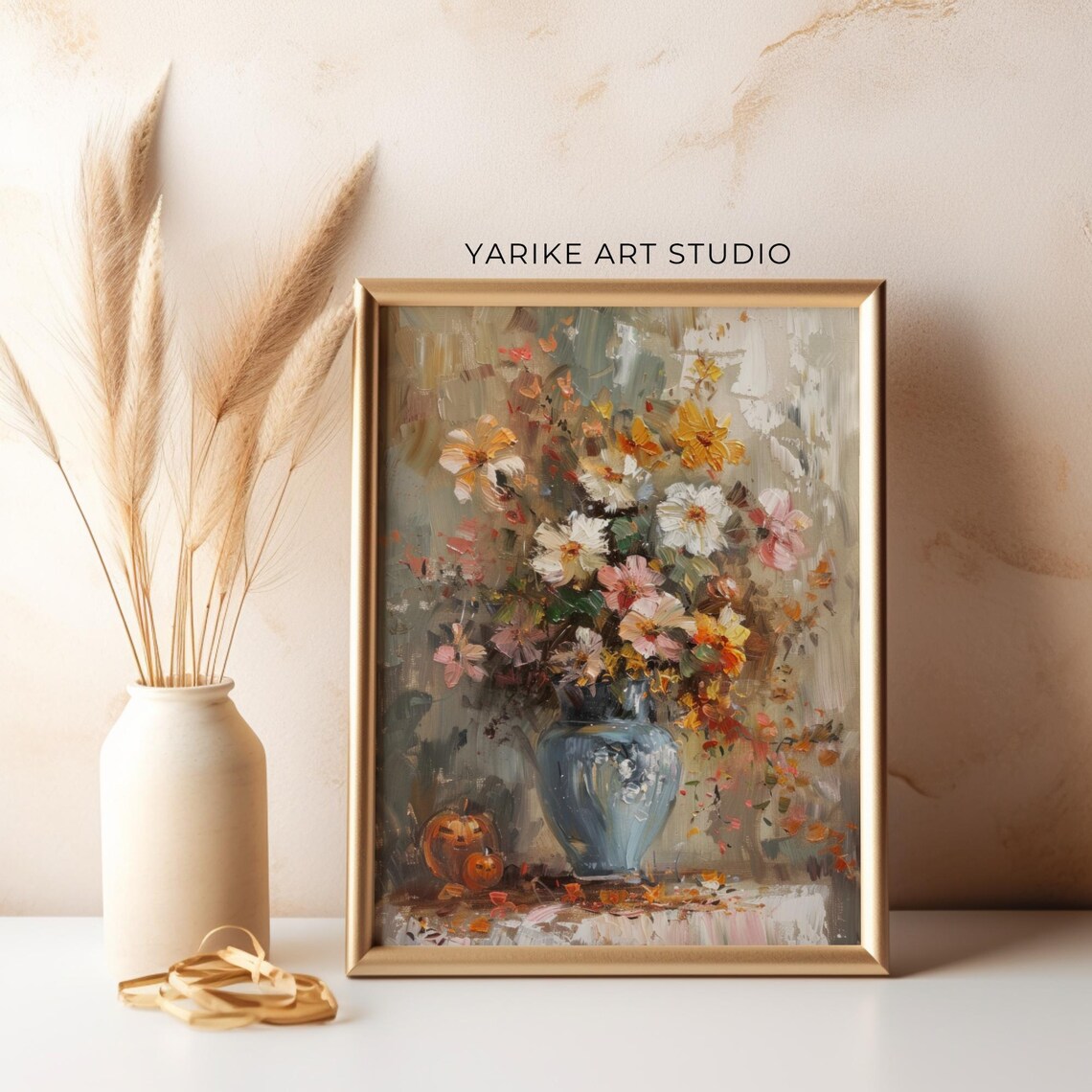 Vintage Autumn Still Life Bouquet In Blue Vase With Pumpkins Poster - Image 5