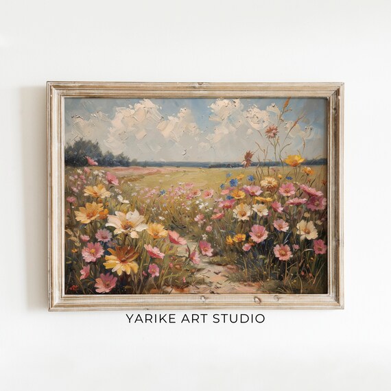 Moody Wildflower Field Oil Painting Pink Cosmos Vintage Meadow Poster