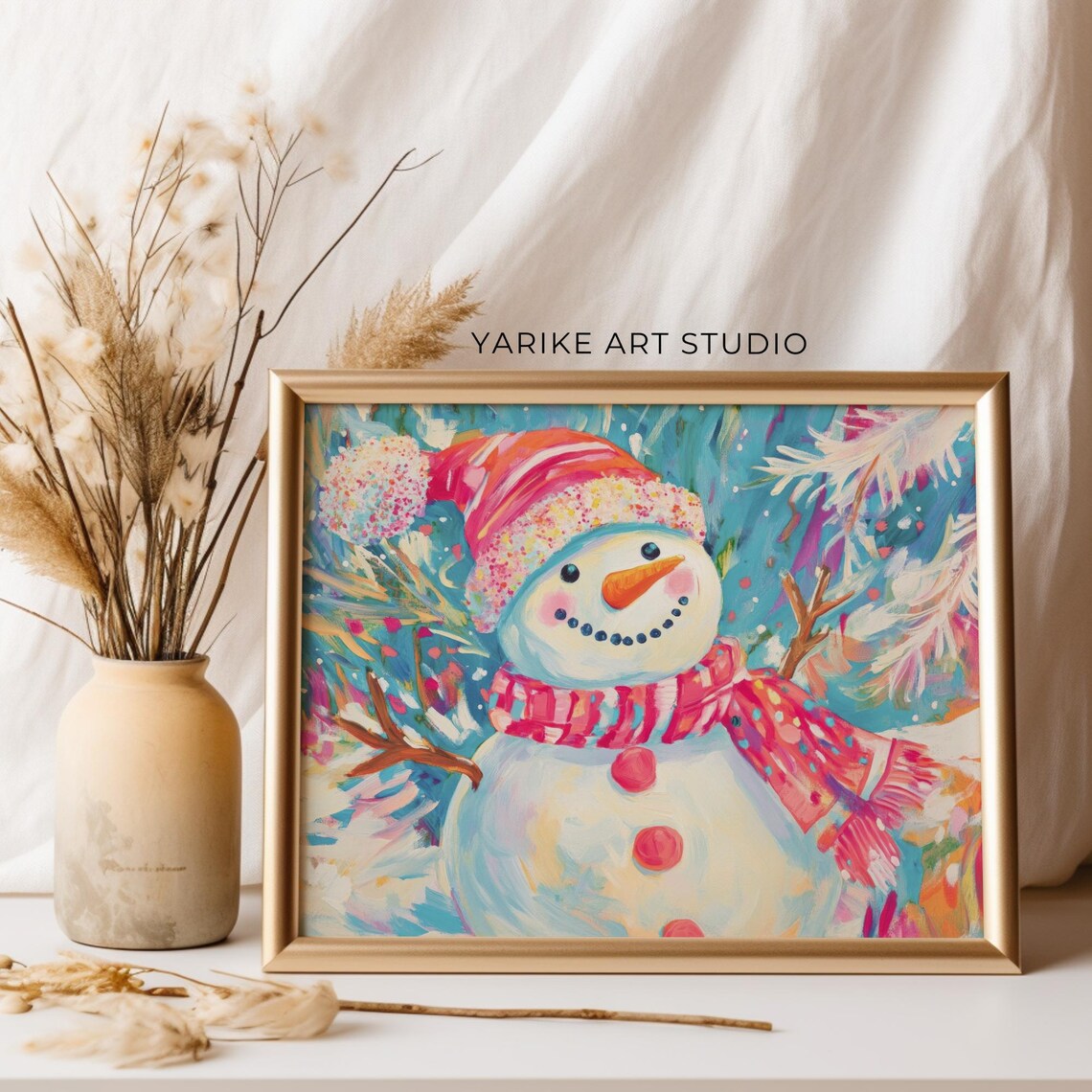 Snowman with Red Striped Hat Pink Scarf Winter Holiday Poster - Image 2