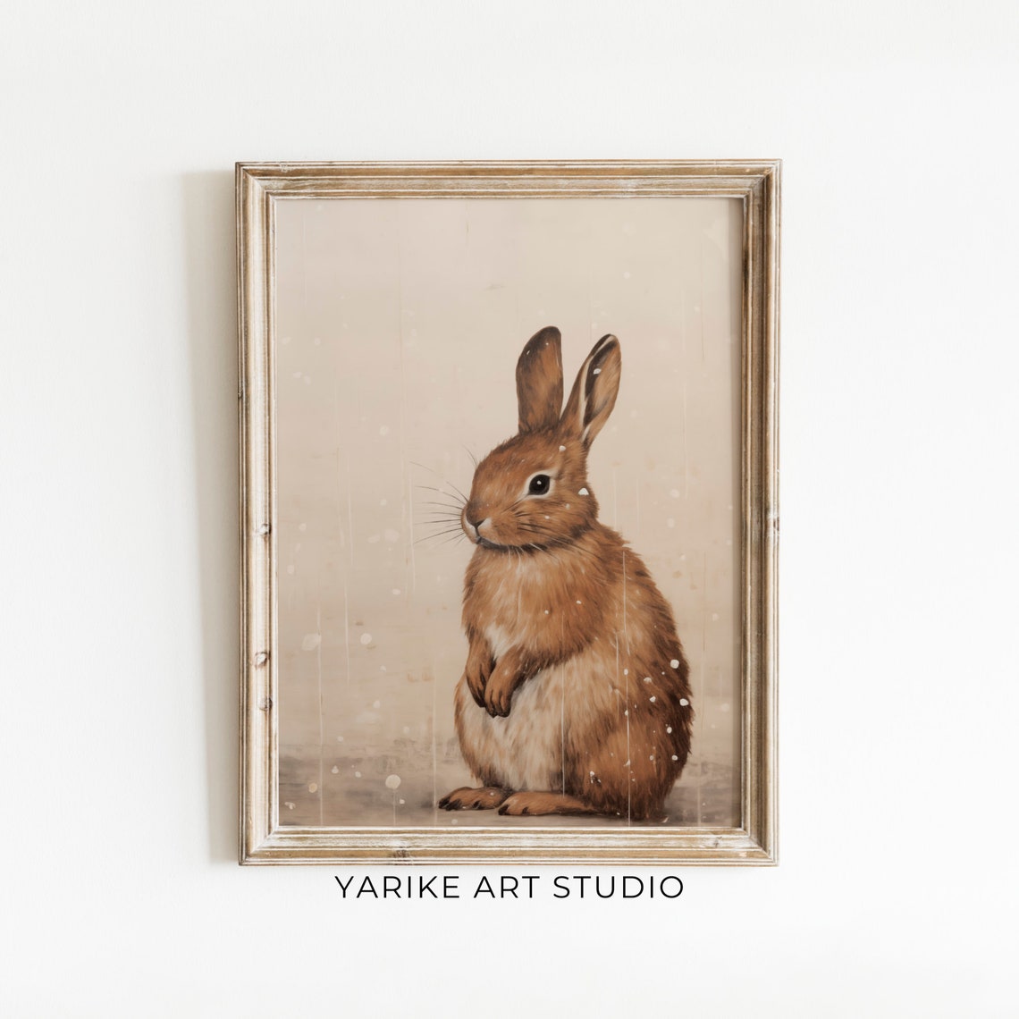 Brown Rabbit In Falling Snow Winter Bunny Vintage Animal Oil Print