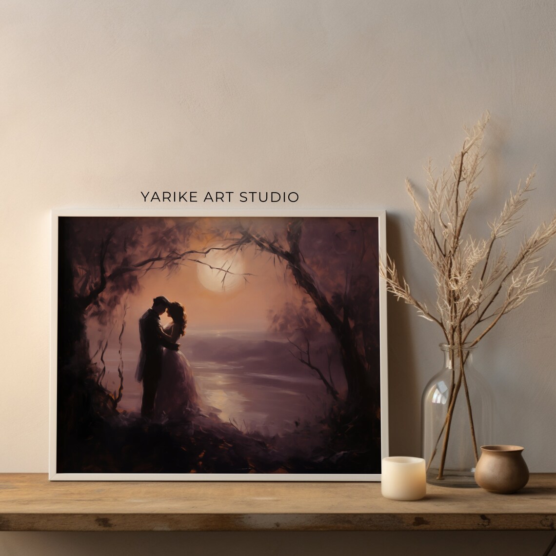 Moonlit Lovers Embrace by the Water Dark Romantic Painting Poster
