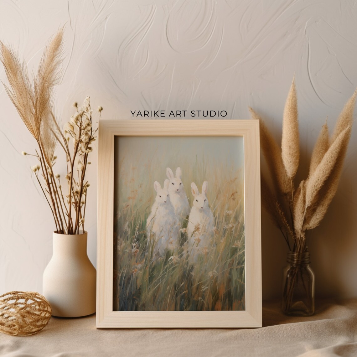 Three White Bunnies in Golden Meadow Grass Wildlife Art Poster - Image 2