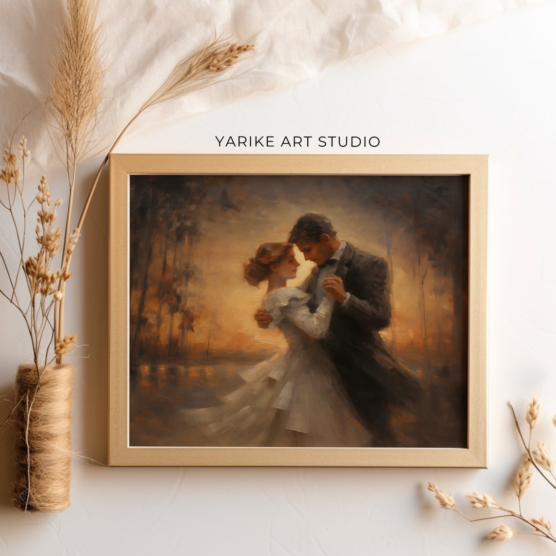 Couple Dancing at Golden Sunset Romantic Evening Painting Poster - Image 4