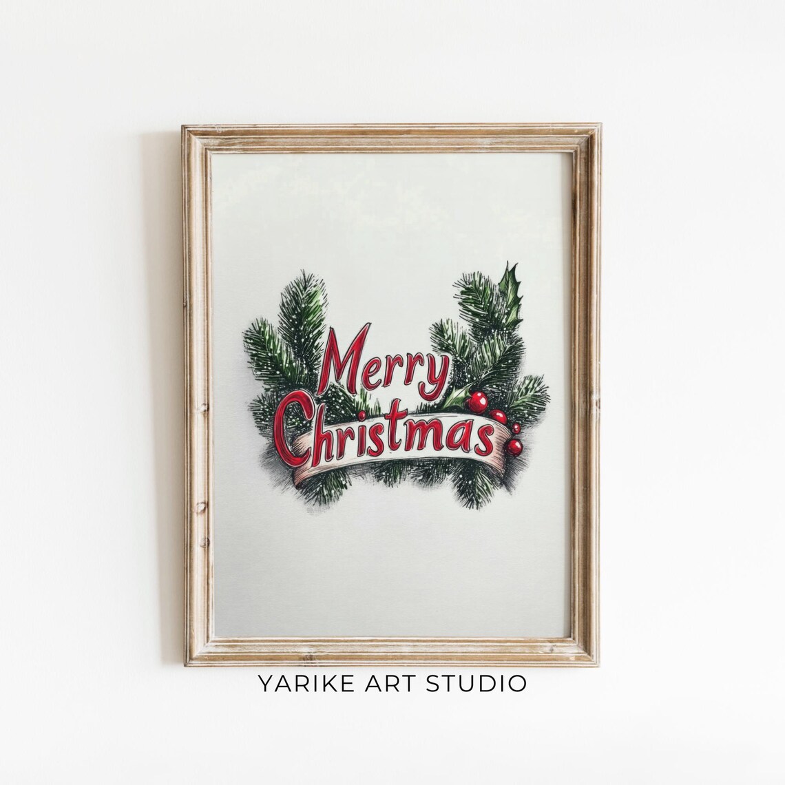 Merry Christmas Ribbon Banner with Pine Sprigs Watercolor Style Poster