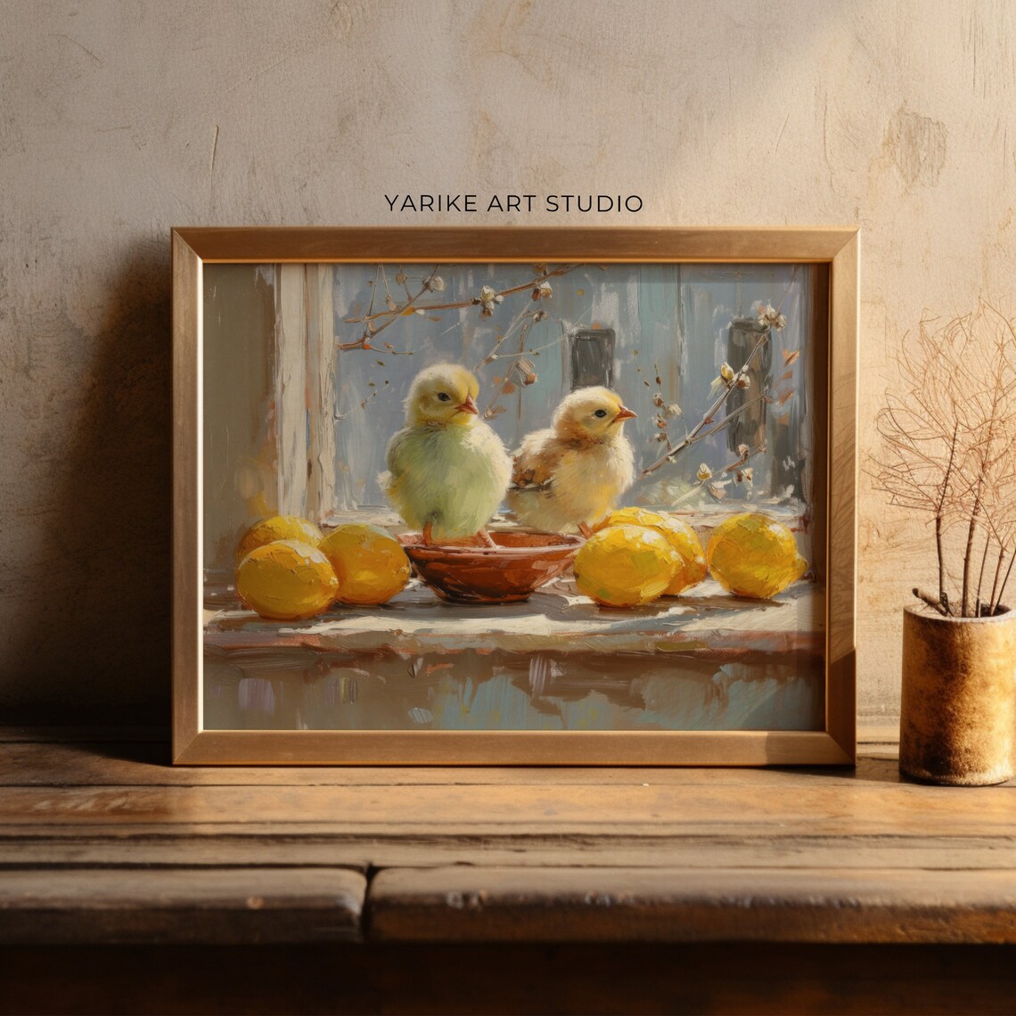 Two Baby Chicks with Lemons Vintage Kitchen Still Life Art Poster