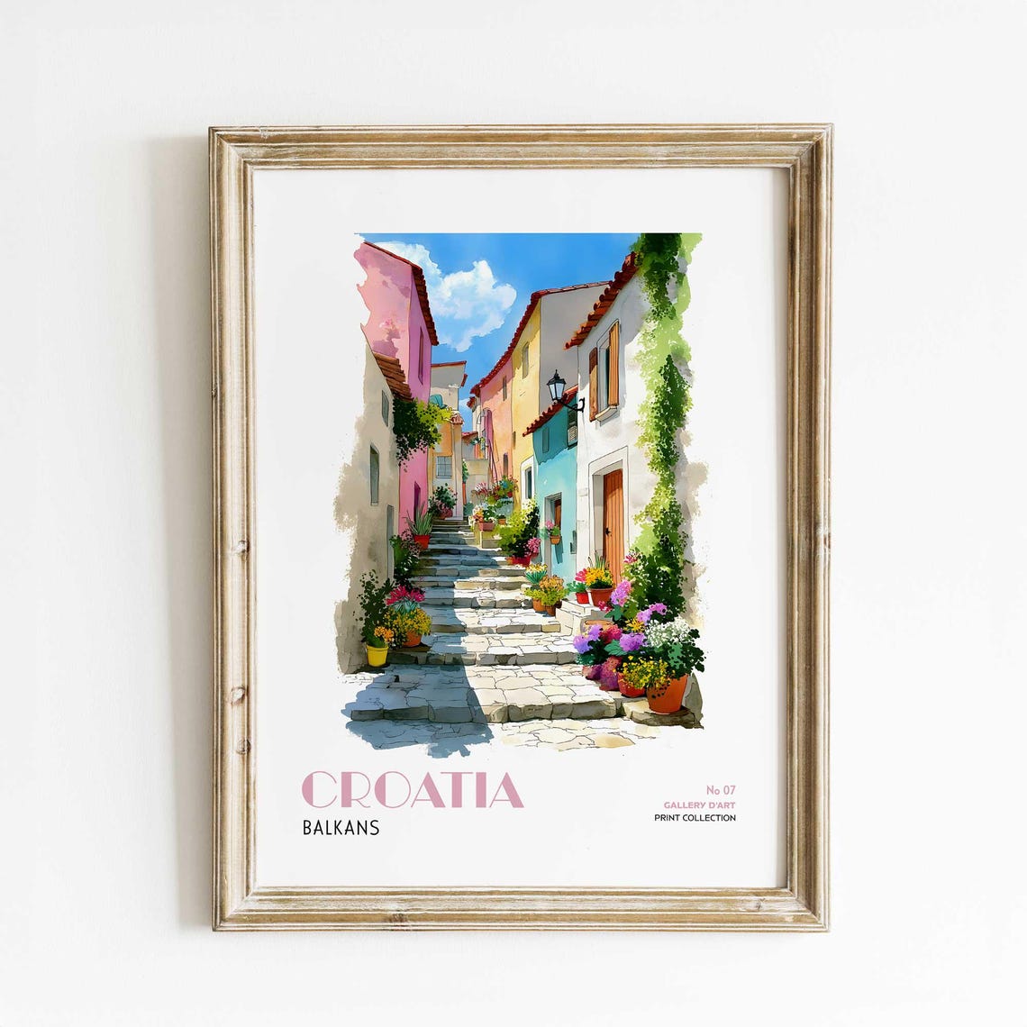 Croatia Balkans Flower Filled Stone Alley Steps Watercolor Poster