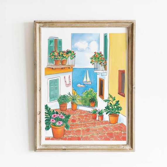 Coastal Village Courtyard Balconies Sea View Watercolor Poster