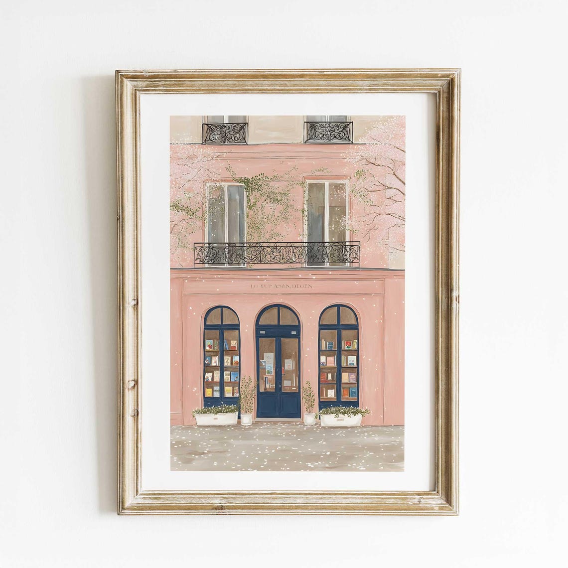Pink Paris Bookstore Facade Watercolor Romantic Spring Poster