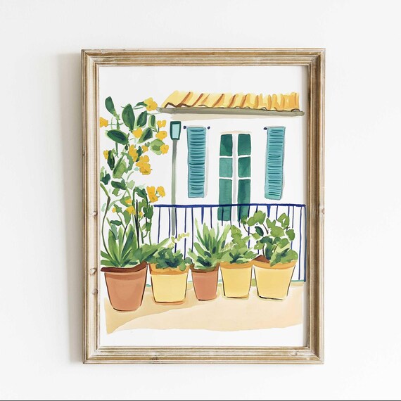 Mediterranean Watercolor Print Unique Handmade Decor Italian Balcony Wall Art Potted Plants Illustration Rustic Home
