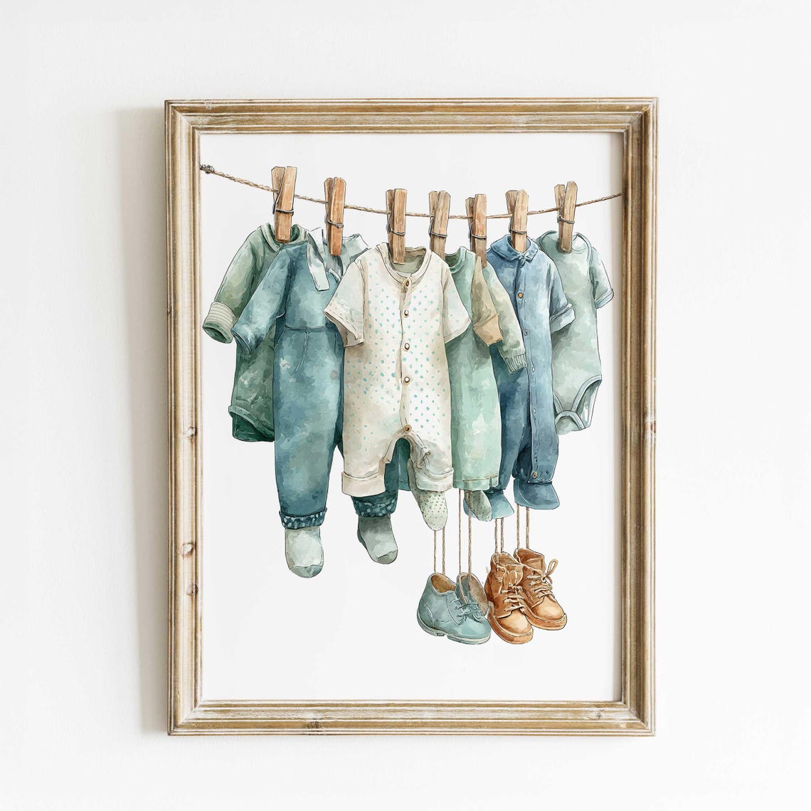 Baby Clothes on Clothesline Soft Watercolor Nursery Wall Art