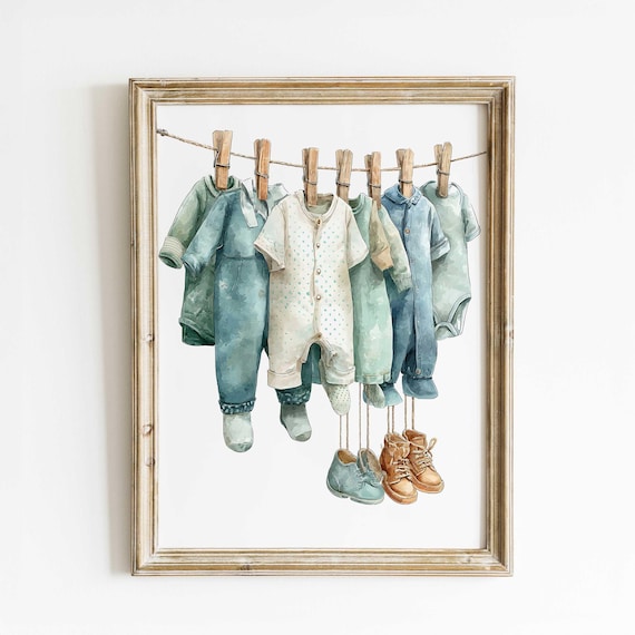 Baby Clothes on Clothesline Soft Watercolor Nursery Wall Art