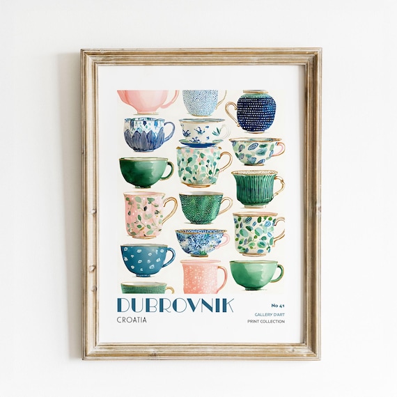 Dubrovnik Cups Wall Art Print Colorful Watercolor Teacup Illustration Kitchen Decor Coastal Europe Travel Gift